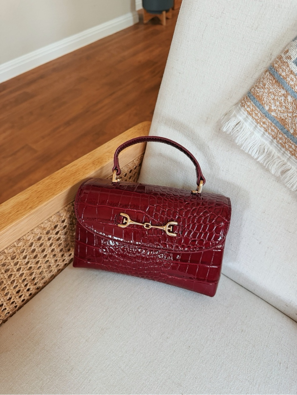 Sam Edelman Croc-Embossed Top Handle Bag in Deep Burgundy